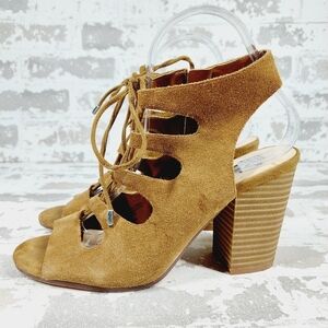 INC International Concepts Brown Leather Slip On Lace Up Block Heel Sandals M408